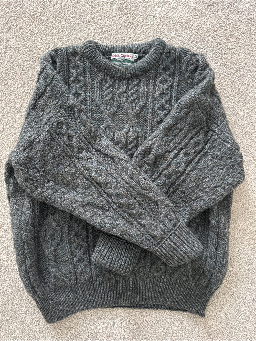 Vintage Cable-Knit Crewneck Sweater - gorgeous Green / Brown Merle